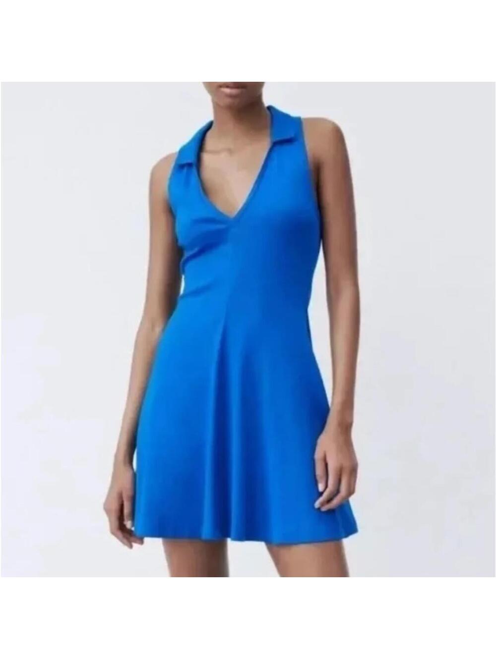 Zara Blue Collared Mini Dress Women’s Medium Sleeveless V Neck Fit Flare